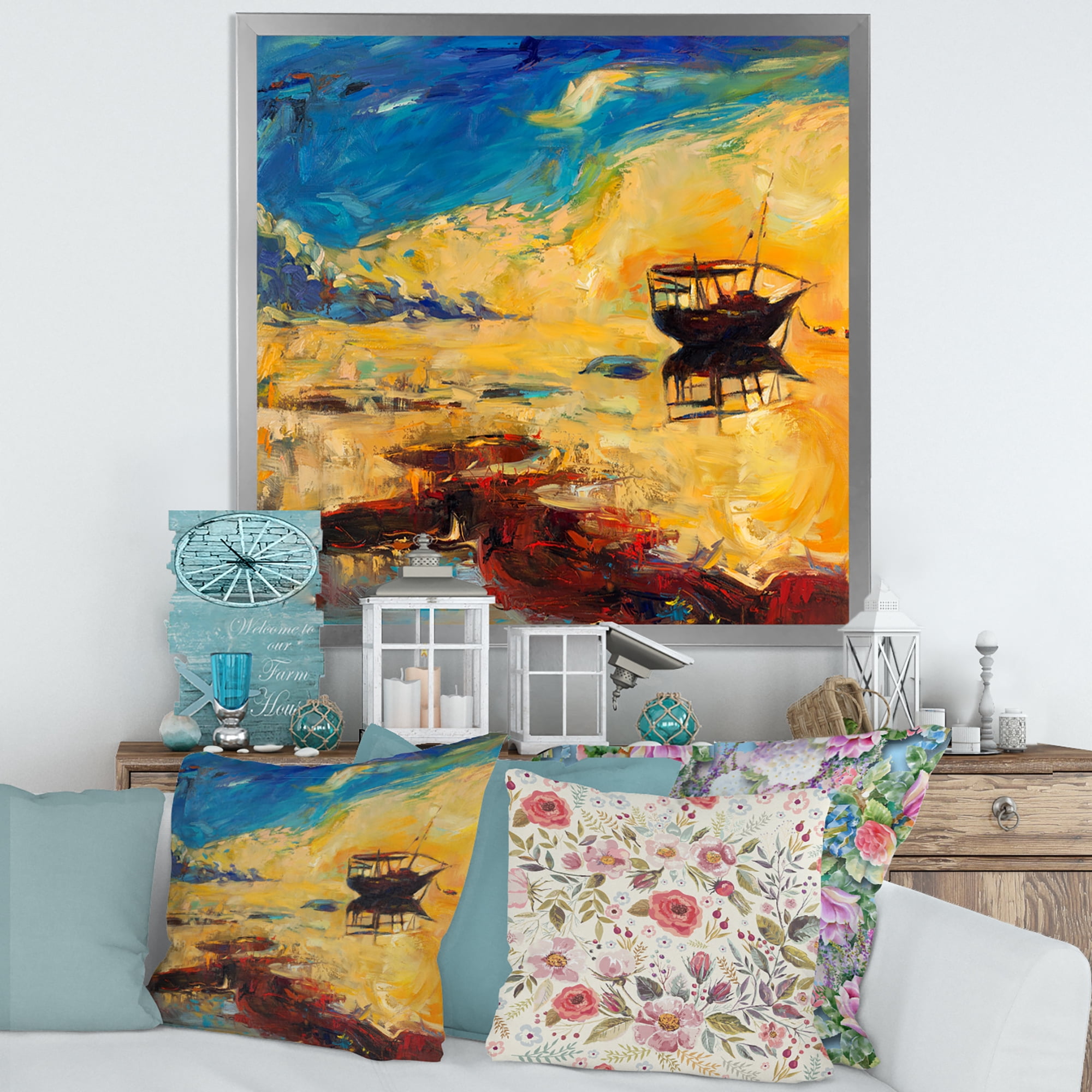 Abstract Boat At The Ocean Horizon During Sunset 16 in x 16 in Framed Painting Canvas Art Print, by Designart