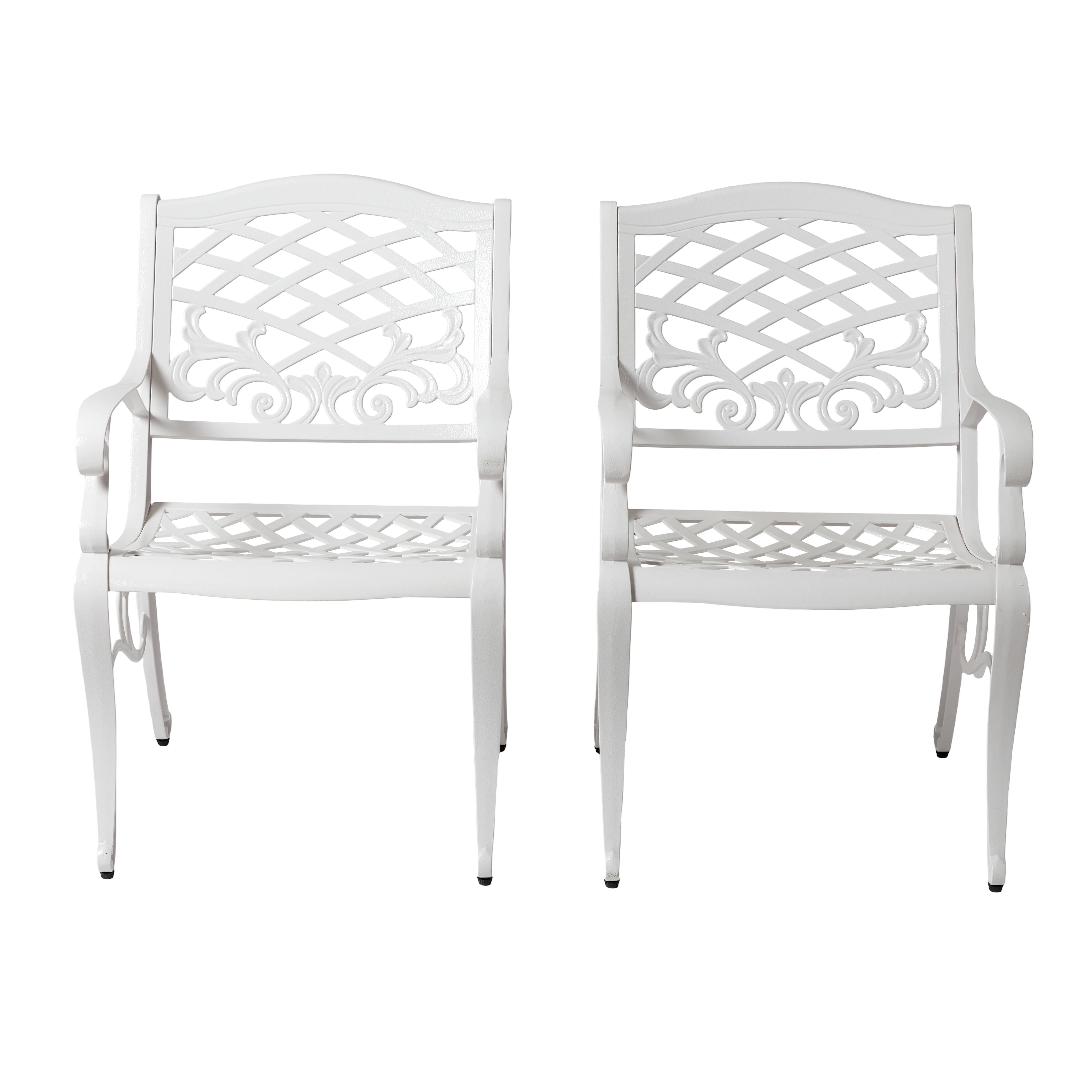 Traditional Cast Aluminum Outdoor Dining Arm Chairs Set of 2 with Floral Accents, White