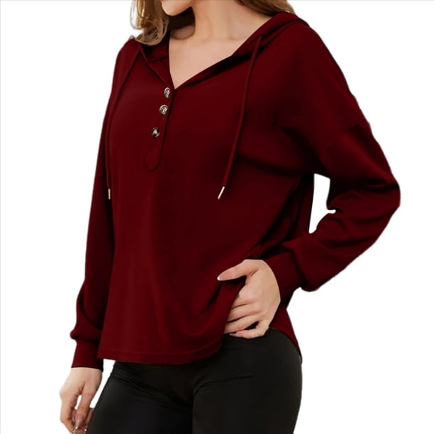 Sudadera con Capucha para Mujer, Cuello Abotonado, Cordón Ajustable, Sudadera Informal de Larga, Camisetas. Vino Tinto L