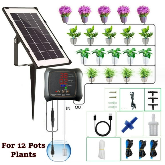 Djiypn 3W Solar Drip Irrigation System for Garden, Vacation Automatic Smart Watering Kits for Potted Plants, Raised Beds, Greenhouse, Timer Plant Watering Device, Indoor/Outdoor Use