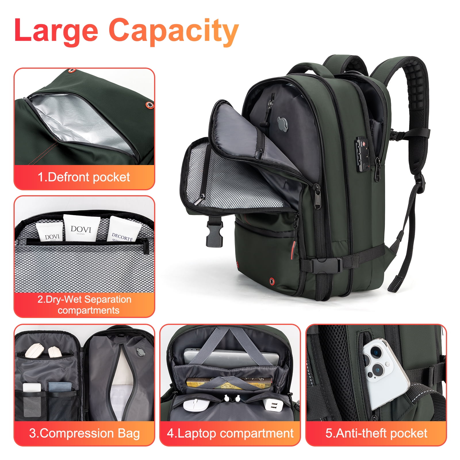 Vacuum Backpack for Travel Water Resistant , Kabaqoo 60L Expandable Vacuum Compression Bag with Electric Vacuum Pump, TSA Lock, Wet Dry Separation, Gifts