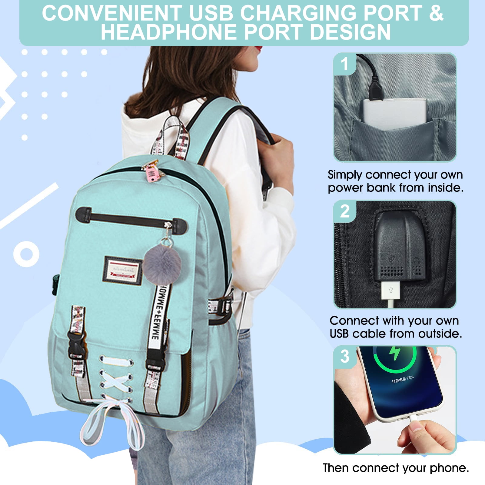 DAKIMOE Fashion Teenage Girls Backpack Student Middle School bag Men and Women Anti theft Laptop Backpack with USB Charging Port Pink One Size