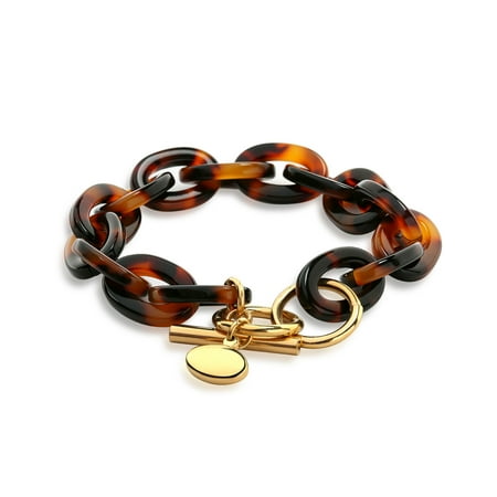Novica Brown Bracelet Fashion Brown Golden Acrylic Tortoise Shell Oval Chain Link Bracelet For Women Gold Plated Stainless Steel ()