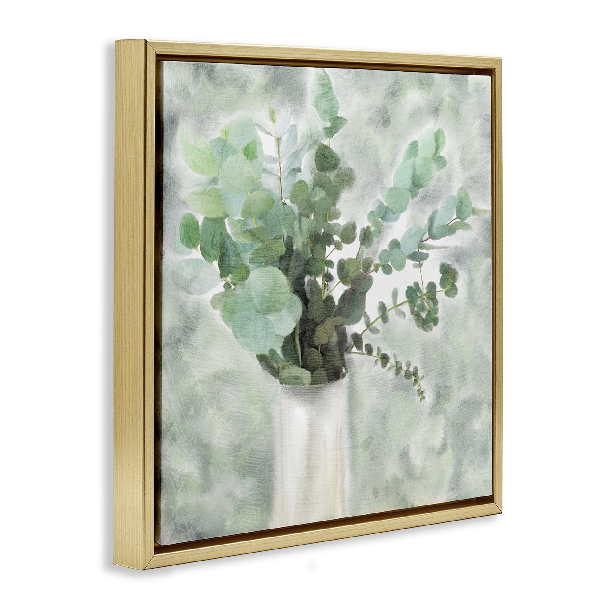 Stupell Industries Sage Green Painterly Eucalyptus Botanical & Floral Painting Gold Floater Framed Canvas Art Print Wall Art, 18 x 18