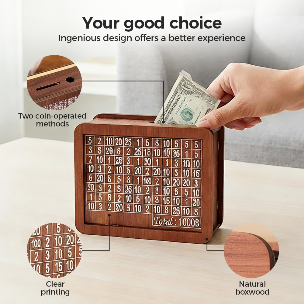 Cash Vault Wooden Savings Box with Locking Latch,Durable Wooden Money Saver with $1000/$10000/$3000/$5000 Money Targets,Numbers & DIY Marker for Personal Finance Goals