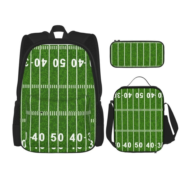 Honeii American Football Field2 Print School Backpack Bookbag Set-with Lunch Bag & Pencil Case Elementary School Bag Primary School Backpack With Lunch Bag