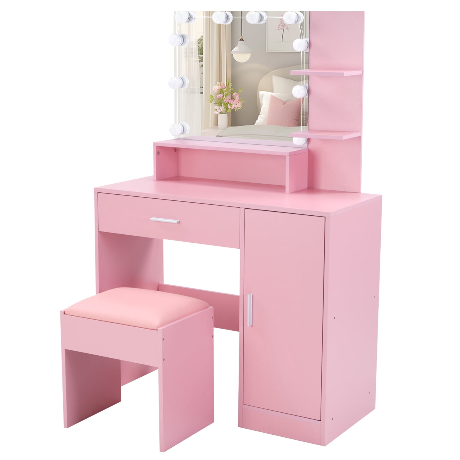 Vanity Set with 1 Drawer, 1 Door and 3 Shelf Layers, Three-Tone Dimmable Globe Bulb Lamp, Pink Textured Particle Board with Melamine Coating