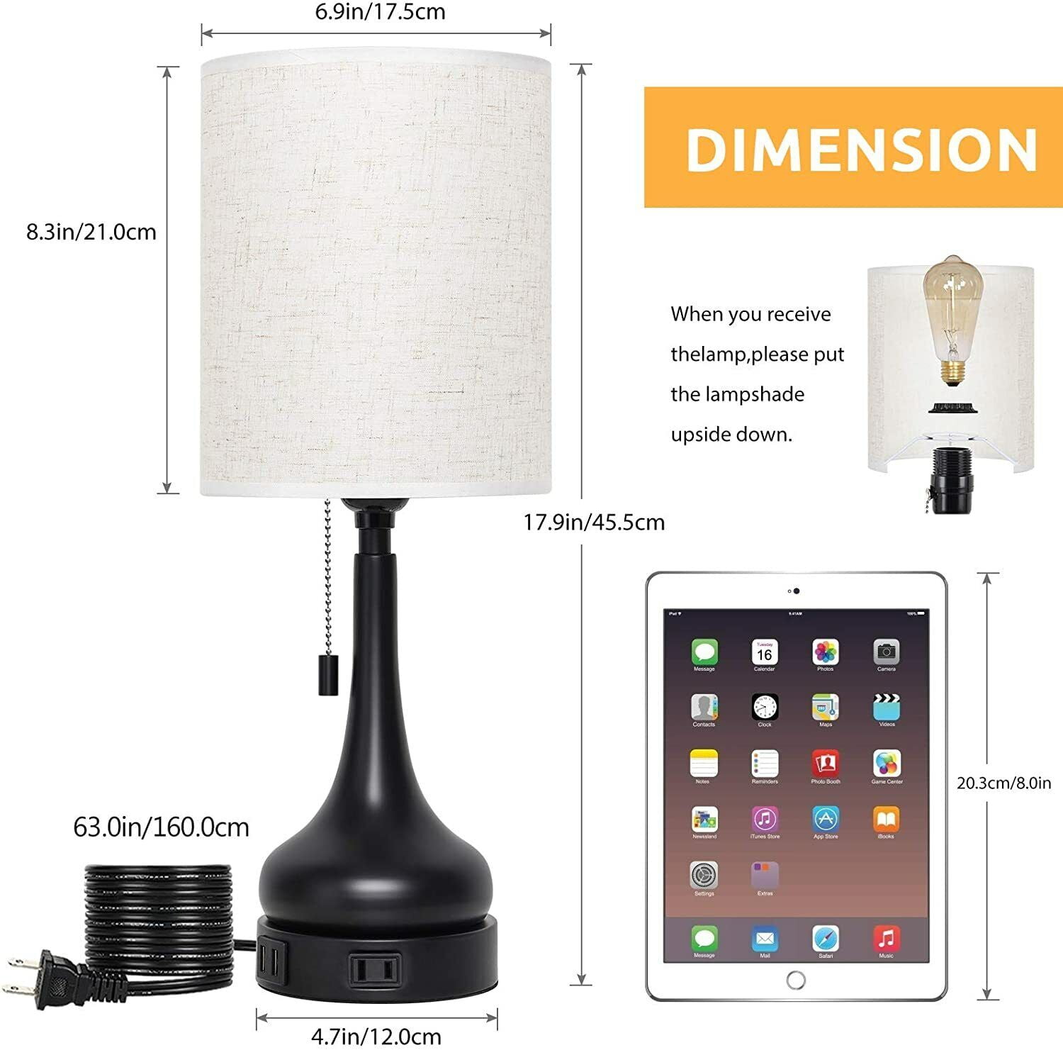 Set of 2 Bedside Lamps with Dual USB & Outlet- USB Lamps with Pull Chain Switch