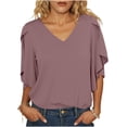thumbnail image 3 of TGSLY V Neck 3/4 Sleeve Tops for Women Draped Loose Fit Layered Ruffle Flutter Sleeve Bouses Dressy Casual Solid Color Tunic Shirts S, 3 of 10