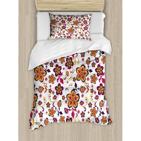 Ambesonne Floral Duvet Cover Set, Blooming Flower Pattern, Twin, Yellow Purple Magenta