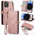 thumbnail image 1 of SaniMore for iPhone 14 Pro Max (6.7" 2022) Case, PU Leather Embossed Lines with Wristlet Zipper Cash Pocket Card Slots Magnetic Flip Stand Full Protective TPU Shell Anti-drop Business Design, Pink, 1 of 10