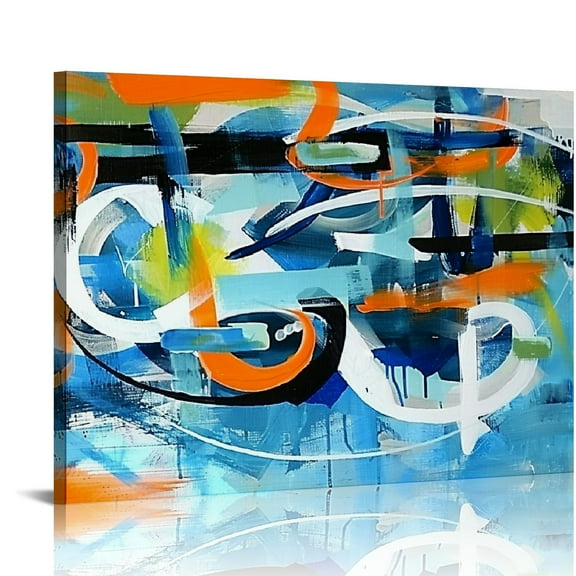 Nawypu Pictures for Living Room Wall Decoration-Large Modern Abstract Canvas Wall Art-Colorful Wall Art-Teal And Blue Line Art - Graffiti Paintings for Bedroom-Office Wall Decor
