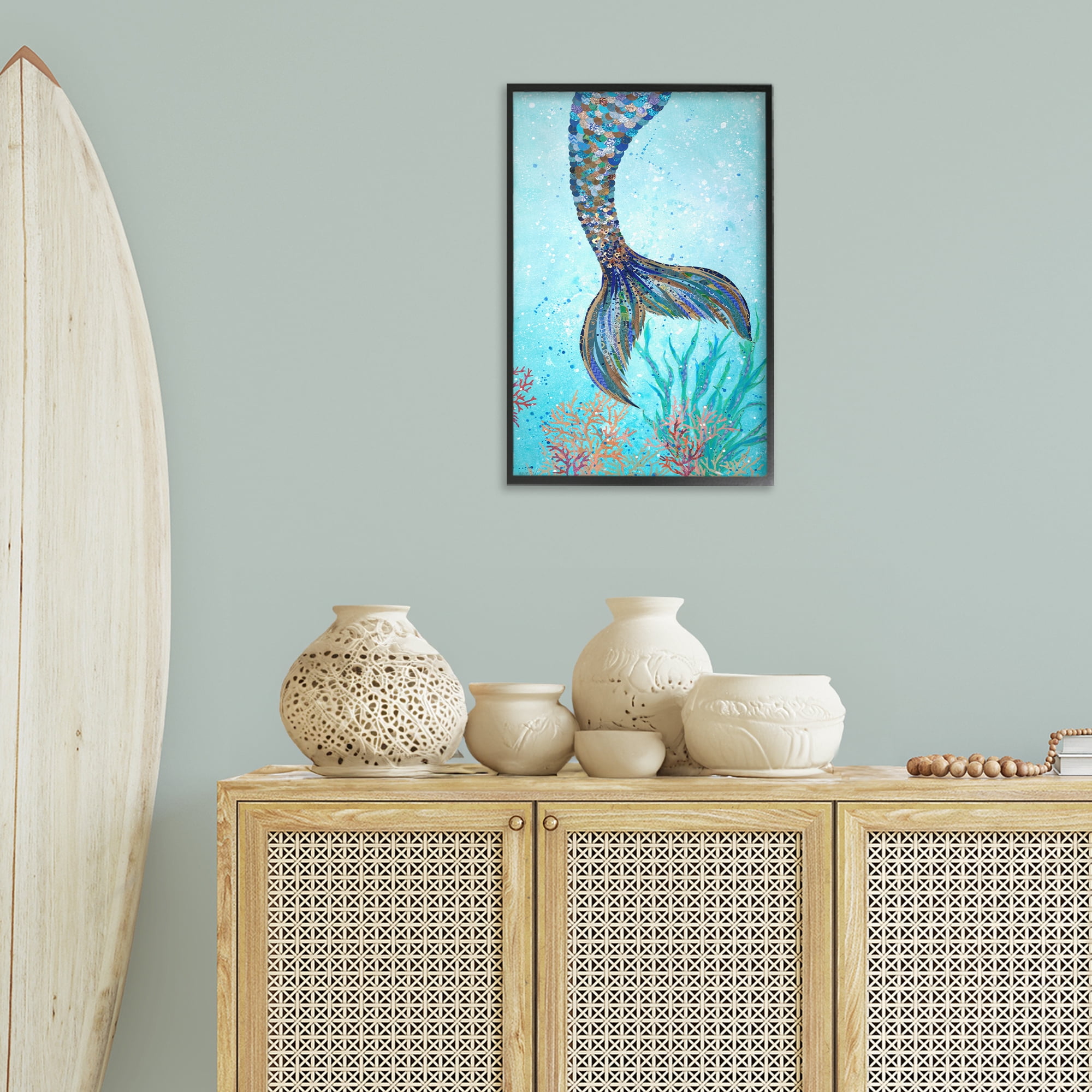 Stupell Industries Tall Tails Mermaid Fairy Tales & Fantasy Painting Black Framed Art Print Wall Art, 16 x 24
