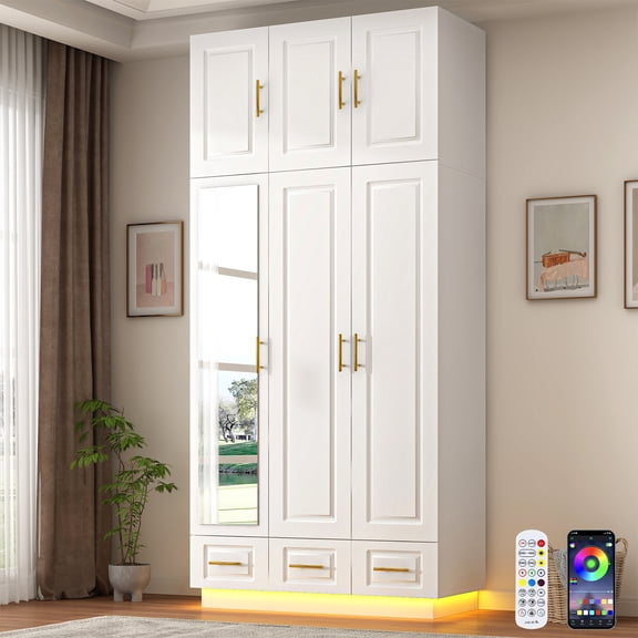 ChVans 3 Door Armoire Wardrobe Closet with Top Cabinet and Mirror, 94.5'' LED Wardrobe Armoire with 3 Drawers, Hanging Rod & Multi-Layer Shelves for Bedroom, White
