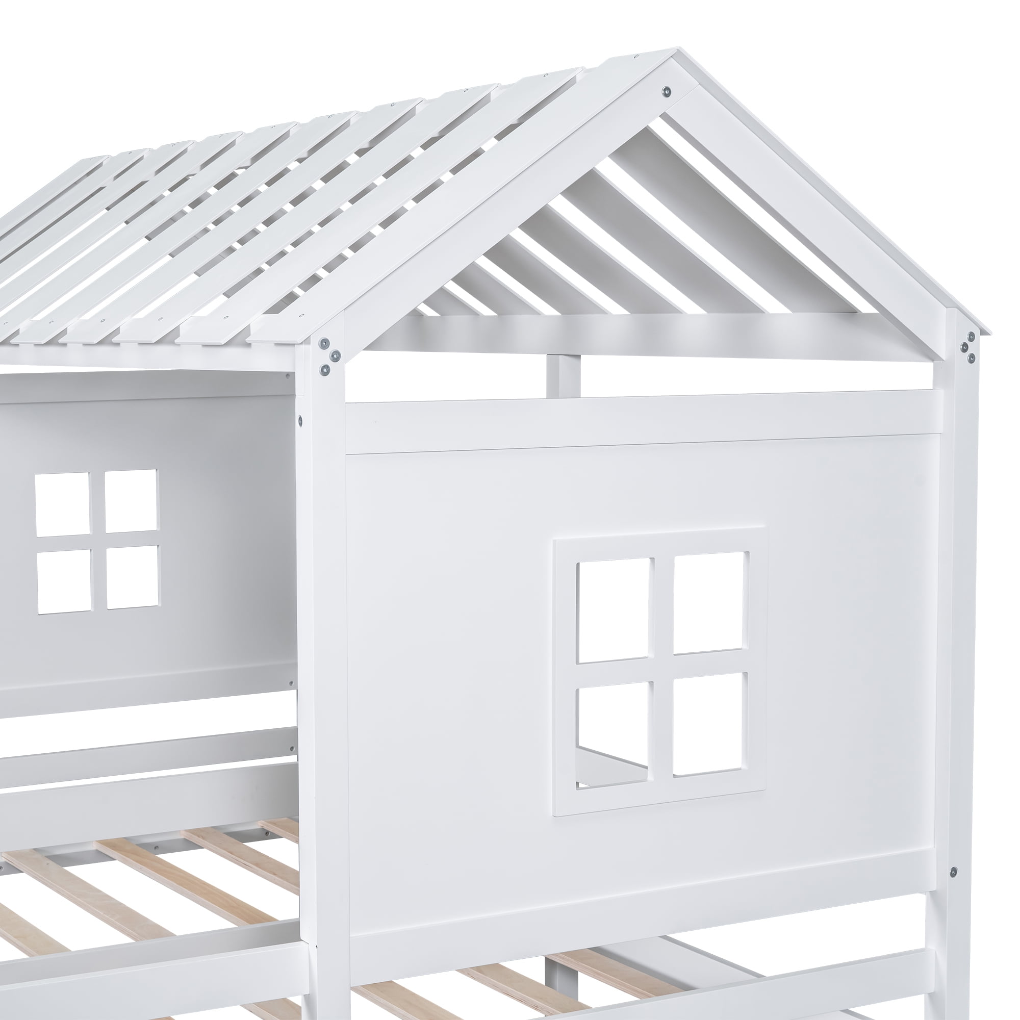 Euroco Twin Size Wood House Double Platform Beds, House Shaped Roof and Windows, 2 Drawers for Kids