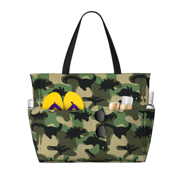Fotbe Camouflage Dinosaur Bolsa de Viaje para Playa - Resistente al Agua, Bolsa Tote de Gran Capacidad y Ligera con 7 Bolsillos para Mujeres y Hombres