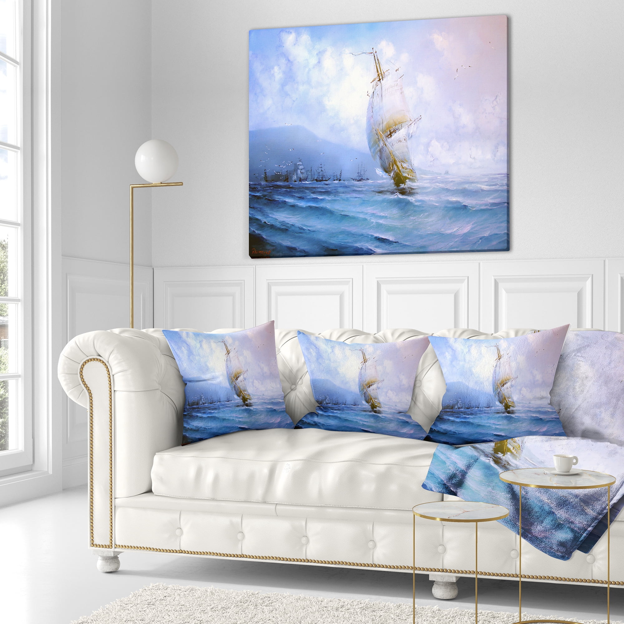 Designart Vessel in Blue Sea - Seascape Throw Pillow - 18x18
