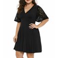 thumbnail image 4 of Robe à Manches Courtes pour Femmes Mode Femmes Grande Taille Décontractée Solide Col en V Manches Courtes Dentelle Robe Trapèze, 4 of 9