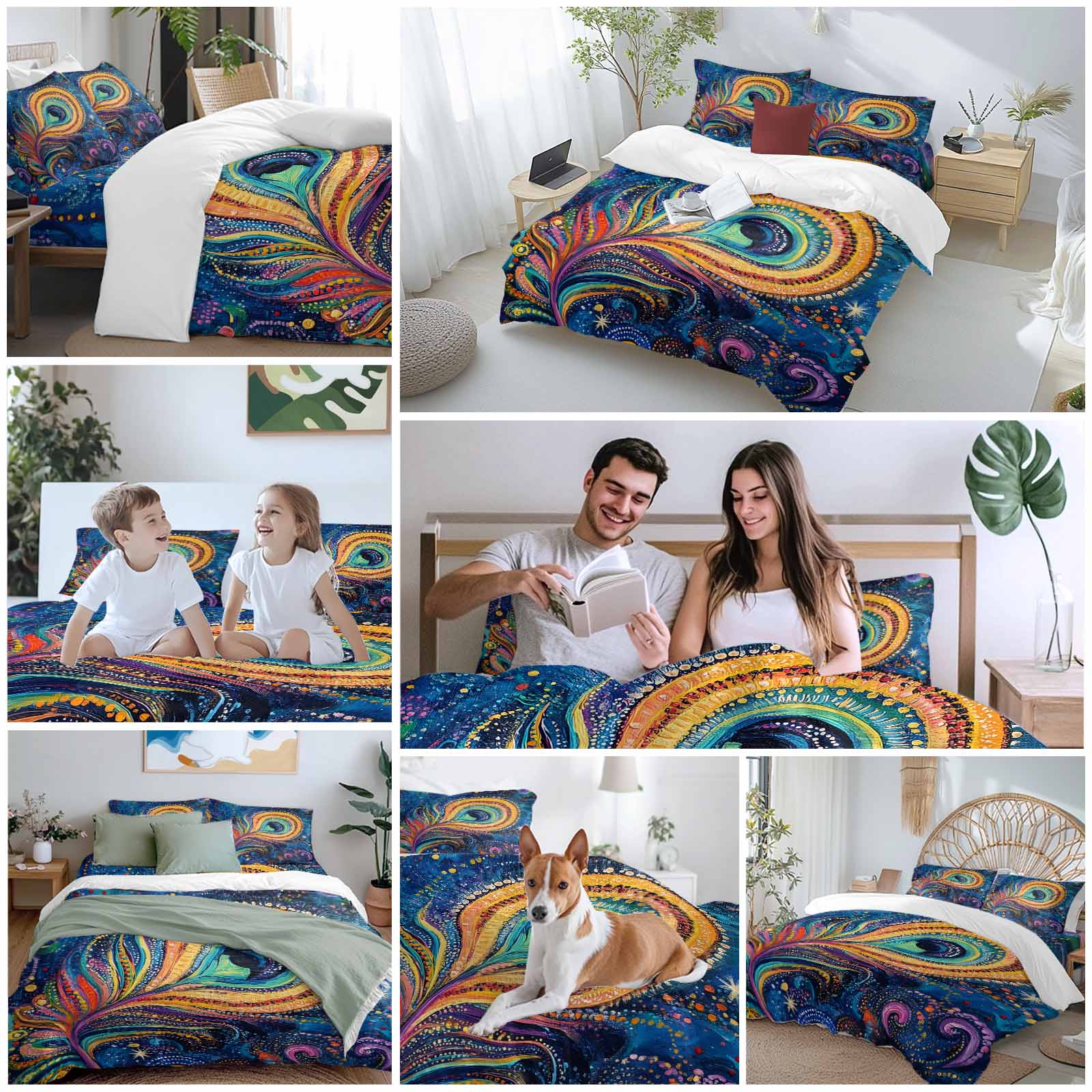 Abstract Peacock Feathers Duvet Cover Set King Size, Blue Ombre 4 Piece Soft Microfiber Bedding Set with 1 Duvet Cover, 1 Flat Sheet, 2 Pillowcases