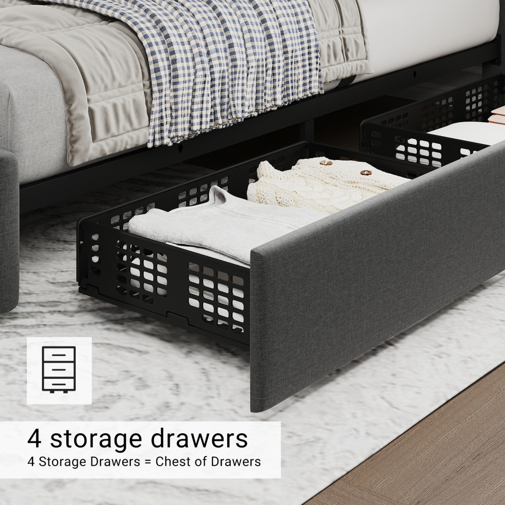 Eastvita Full/Queen/King Size Bed Frame with 4 Storage Drawers and Headboard, Linen Upholstered Platform Bed Frame, Diamond Stitched Button Tufted, Easy Assemble, Noise-Free, No Box Spring Needed