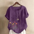 thumbnail image 1 of Lydiaunistar Womens Spring Tops Plus Size Casual Round Neck Short Sleeve Printed Button-Up Blouse - Lightweight Polyester Shirt for Summer, Work, Party, Vacation Purple, 1 of 4