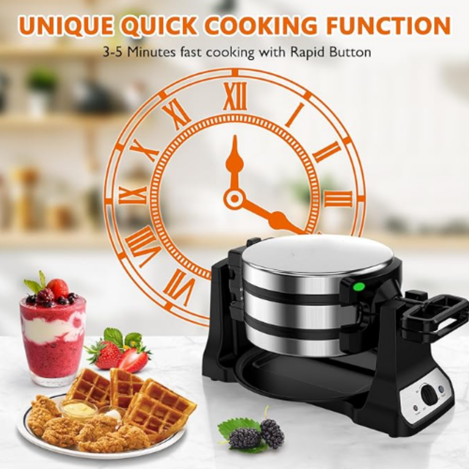 1400W Belgian Waffle Maker, Double Waffle Iron 180° Flip, Rotating Nonstick Plates, Adjustable Browning Control, Locking Buckle & Cool Touch Handle, Removable Drip Tray, Stainless Steel