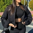 thumbnail image 5 of Women Cropped Jacket Casual Zip Up Varsity Jackets Trendy Outwear Coats with Welt Pockets Black XS, 5 of 7