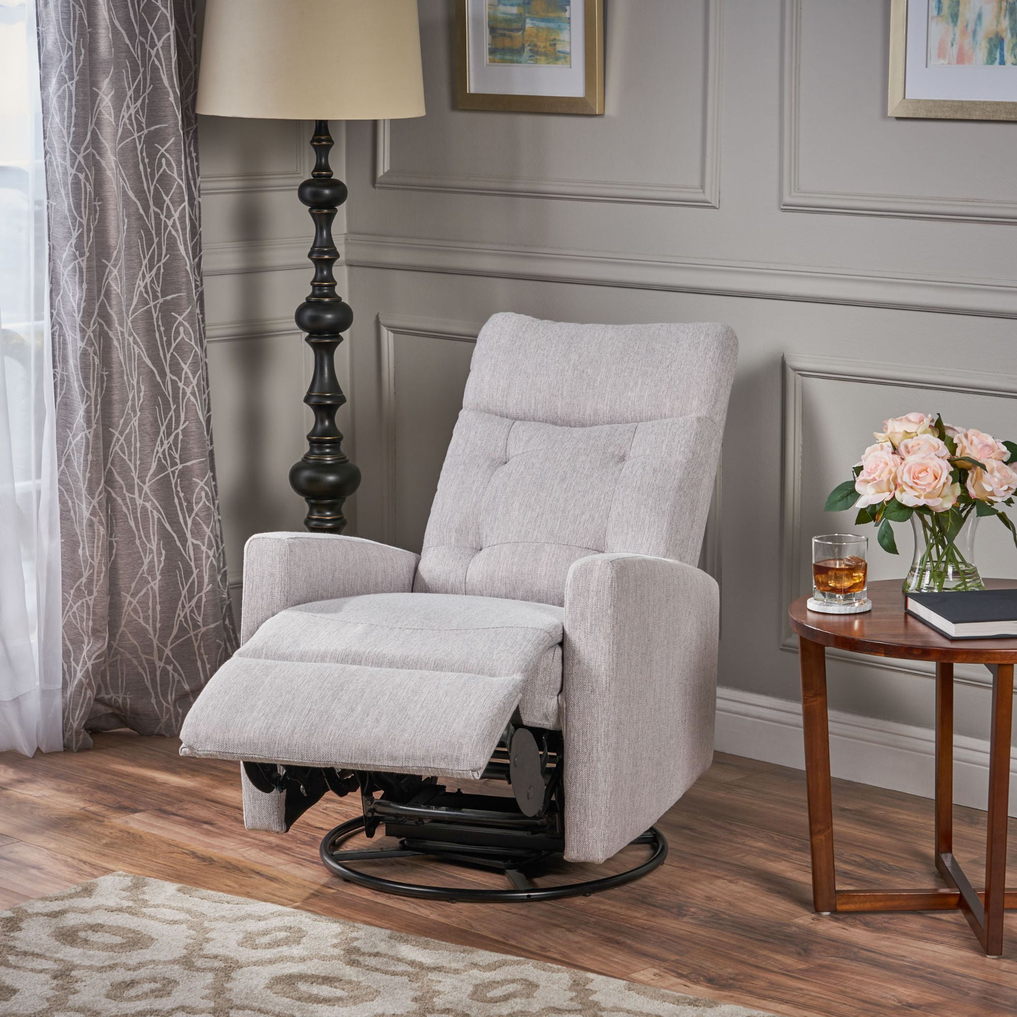 Noble House Warren Standard Fabric Glider Swivel Push Back Nursery Recliner, Gray