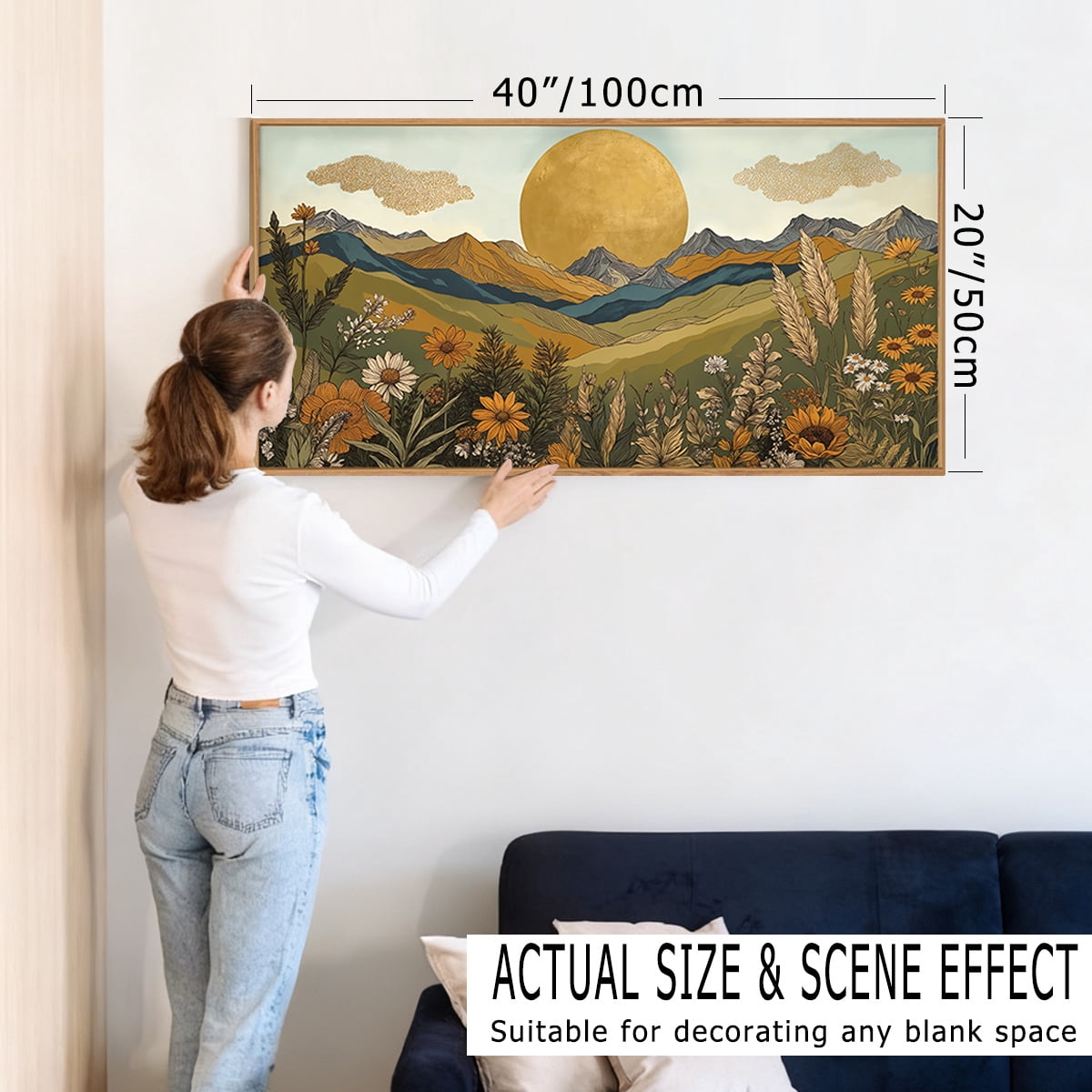 TOARTi Boho Mountain Wall Art Nature Landscape Wall Decor Framed Sun and Flowers Canvas Print for Living Room Bedroom Office 20X40 In