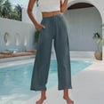thumbnail image 4 of Bloomae Palazzo Pants for Women High Waisted Straight Wide Leg Linen Trousers Loose Comfy Drawstring Elastic Pants with Pockets Summer Outfits Clothes 2025 Navy S, 4 of 7
