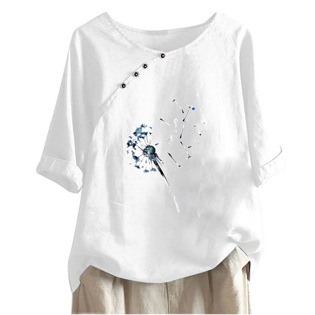 Blusas de Manga Corta para las Mujeres Impresas Cuello Redondo Camiseta Casual, Blusa de Algodón de Imitación para las Mujeres