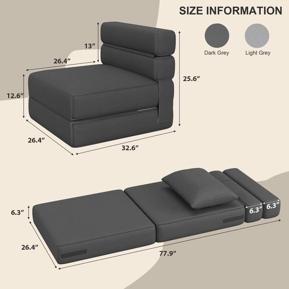 Kojooin Modern Linen Folding Futon Sofa Bed with Pillow, Space-Saving Floor Couch for Living Room, Dorm or Guest Room