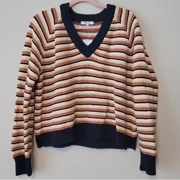 Madewell Arden V-Neck Crop Pullover Sweater in Stripe Multicolor Size L New $88
