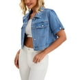 thumbnail image 4 of Chaqueta de mezclilla recortada de manga corta con botones y deshilachada para mujer INSPIRE CHIC, azul claro, XL, 4 of 6