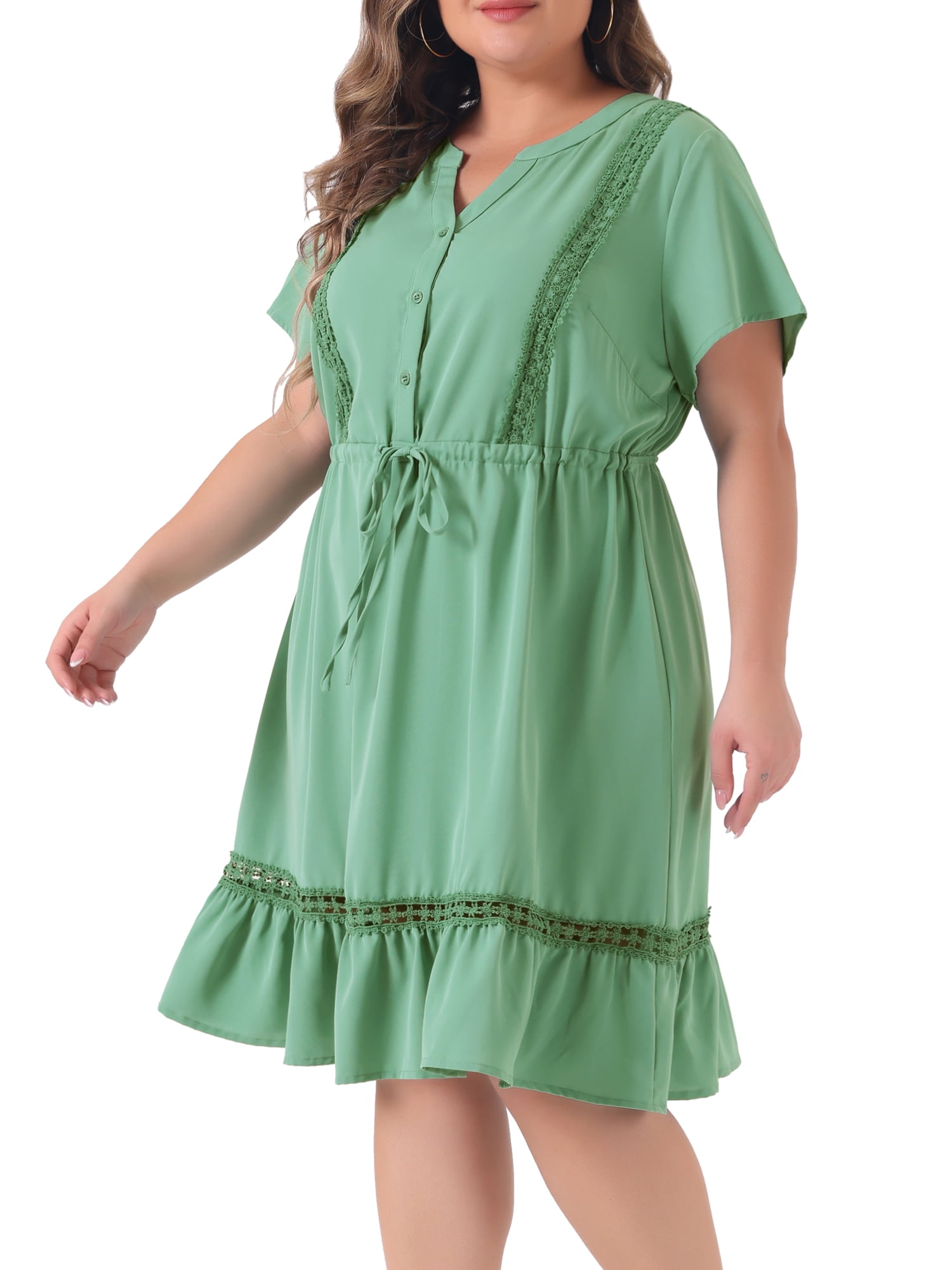 DARING DIVA Plus Size Button V Neck Midi Ruffle A Line Swing Dress 2X Light Green
