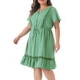 thumbnail image 2 of DARING DIVA Plus Size Button V Neck Midi Ruffle A Line Swing Dress 1X Light Green, 2 of 6