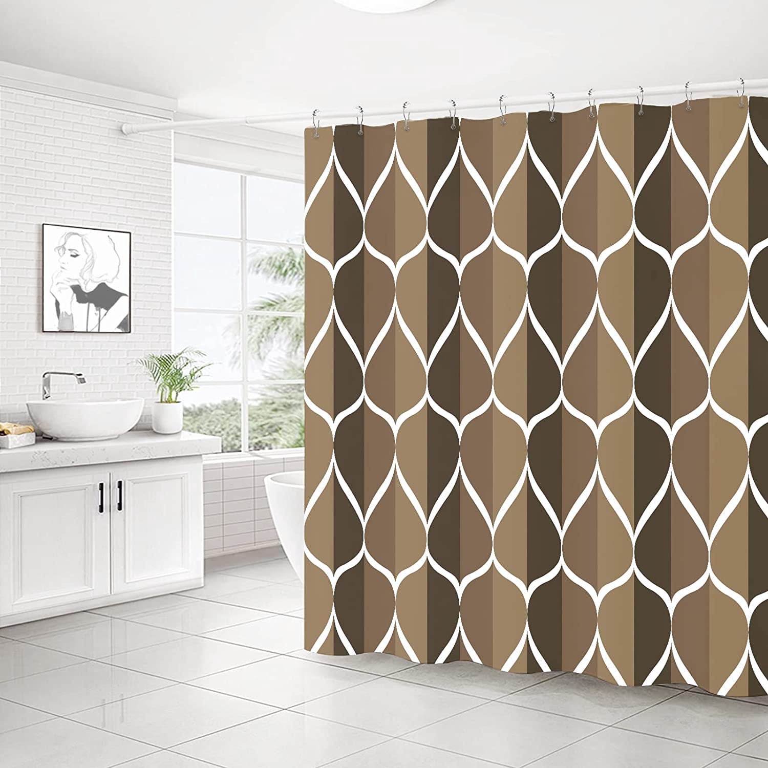 Brown Geometric Shower Curtain, Waterproof Design and Polyester, Quick-Drying, Weighted Hem, Brown Fabric Shower Curtains Set for Bathroom W 72 x H 72, Durable and Washable with 12 Hooks