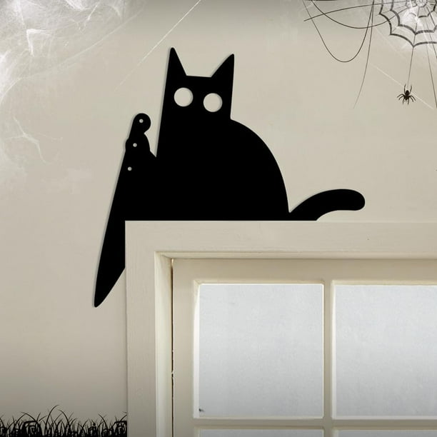Adorno de puerta de metal con forma de gato adorable, adorno de puerta de gato nuevo 2024, adorno de puerta de Halloween de metal con forma de gato negro, marco de letrero decorativo para esquina de p