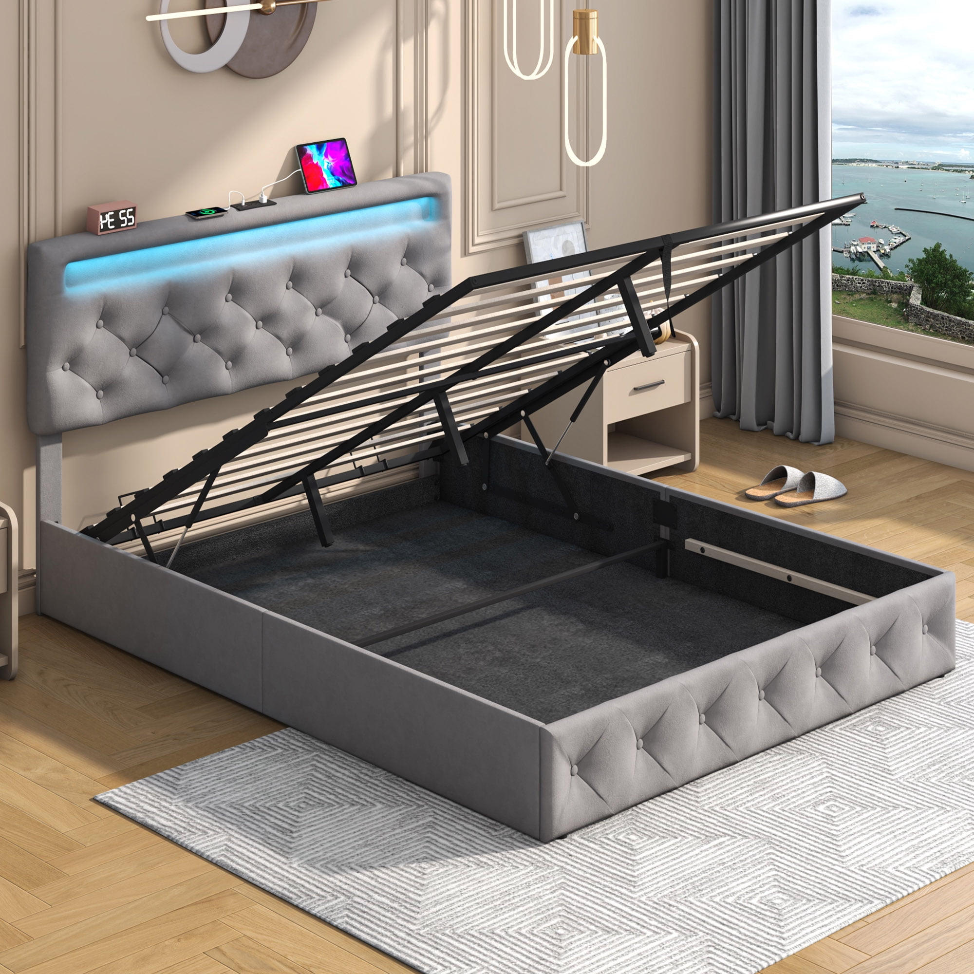Queen Lift Up Bed Frame with LED Light & Power Outlets, Velvet Storage Bed with Adjustable Headboard, Upholstered Platform Bed(Beige-Queen)