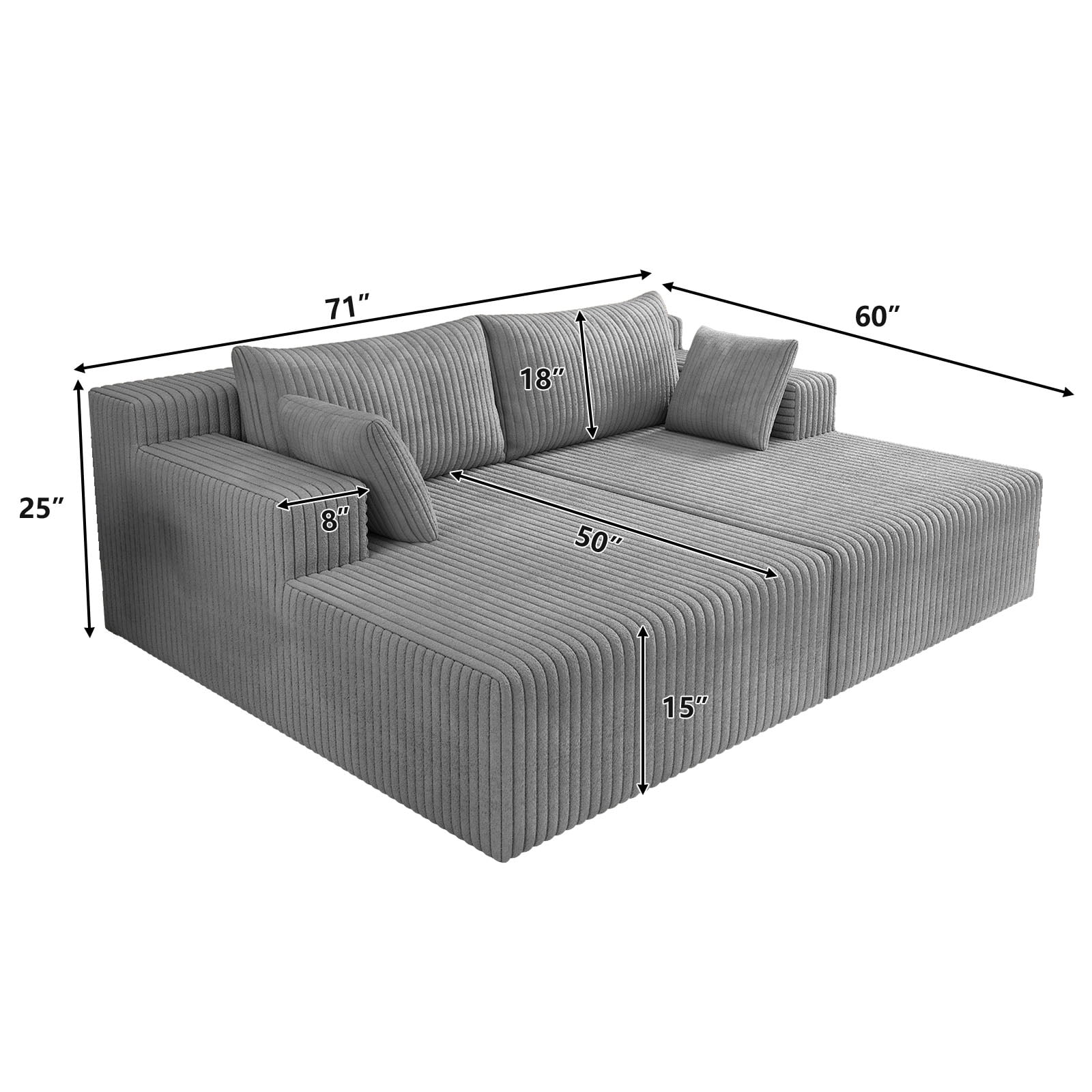 Aukfa 71" Oversized Double Chaise Lounge Indoor, Modular Boneless Cloud Couch Sleeper Loveseat, Deep Seat Corduroy Sofa Bed, No Assembly Required for Living Room Bedroom, Gray