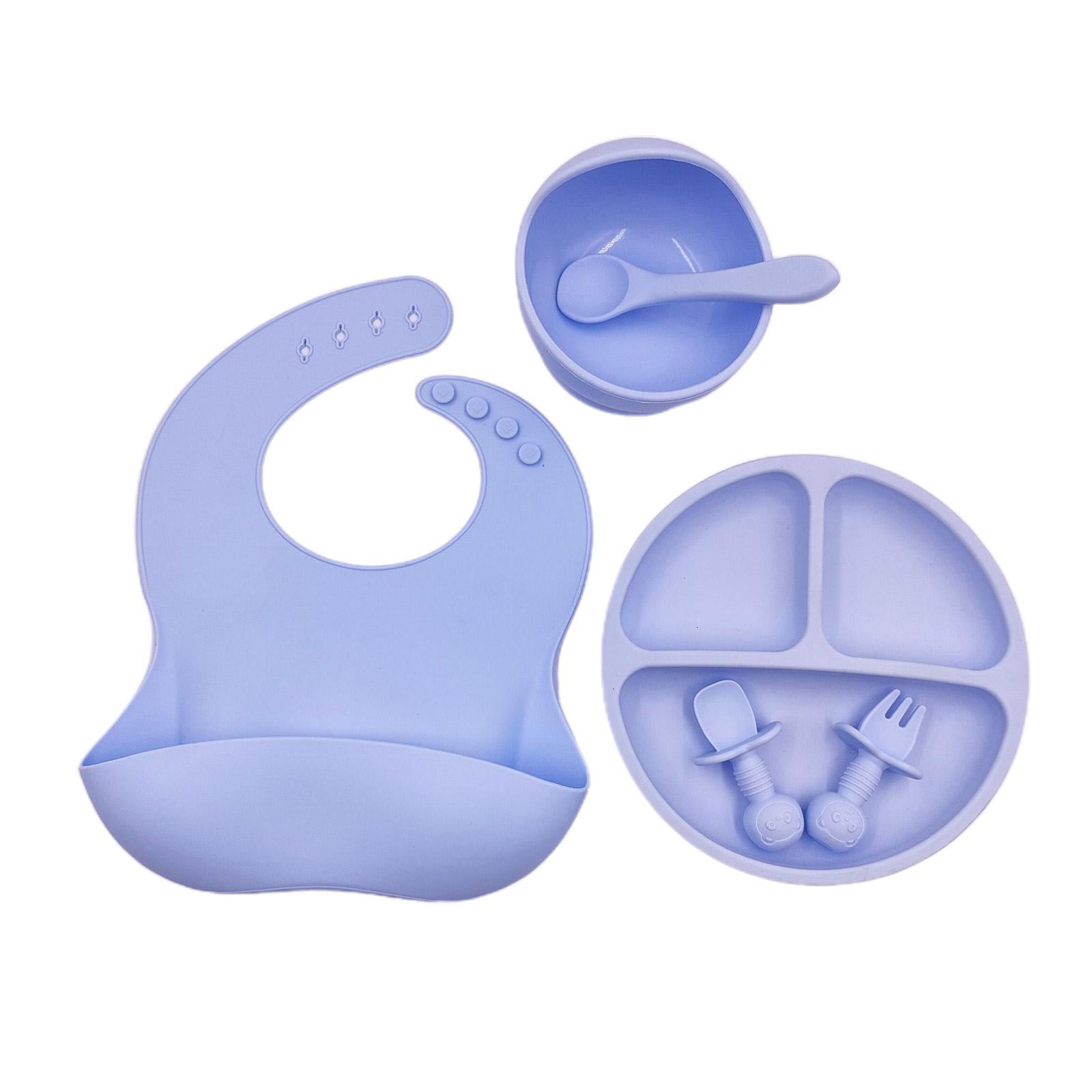 HILOGEL 6 Pcs Baby Silicone Bib Divided Dinner Plate Suction Bowl Spoon Fork Set Utensil