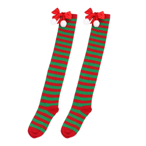 OJJCXA Womens Socks Breathable Casual Bow Hairball Striped Thigh High Over Knee Christmas Cosplay Party Stockings