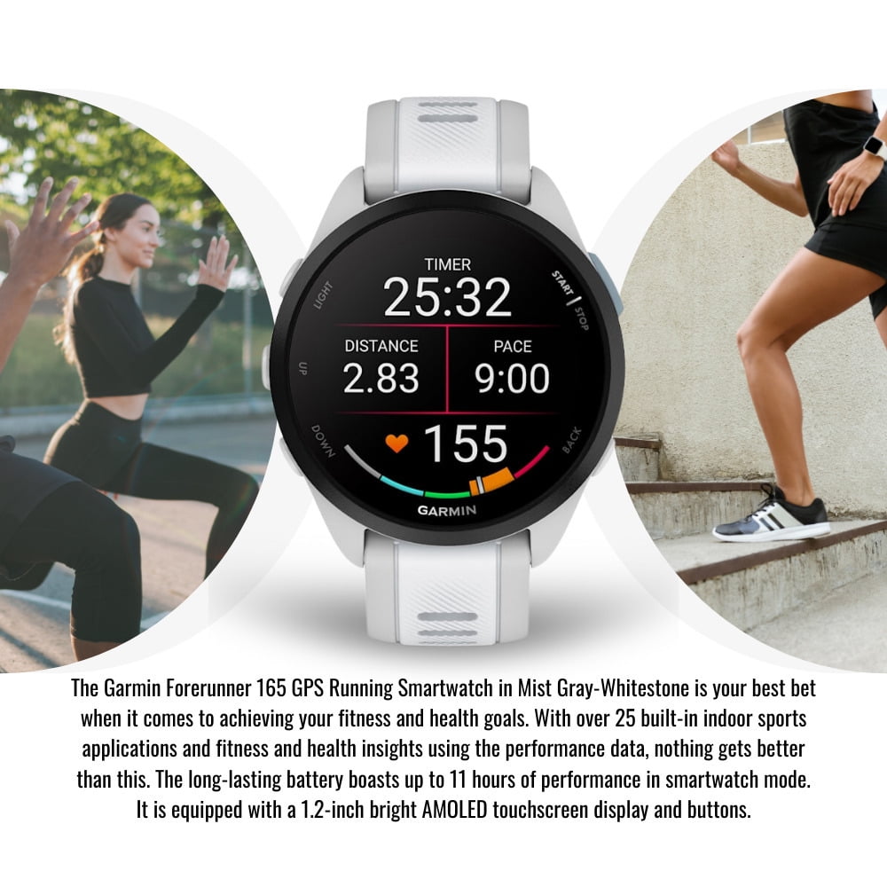 Garmin Forerunner 165 GPS Running Smartwatch (Mist Gray-Whitestone) Bundle with Focus Camera Charger Stand for Garmin Smartwatches and In-Ear Earbud Headphones (White) (3 Items)