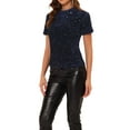 thumbnail image 4 of INSPIRE CHIC Haut en Velours à Sequins pour Femmes Col Rond Manches Courtes Blouse de Soirée TP Bleu Marine, 4 of 7