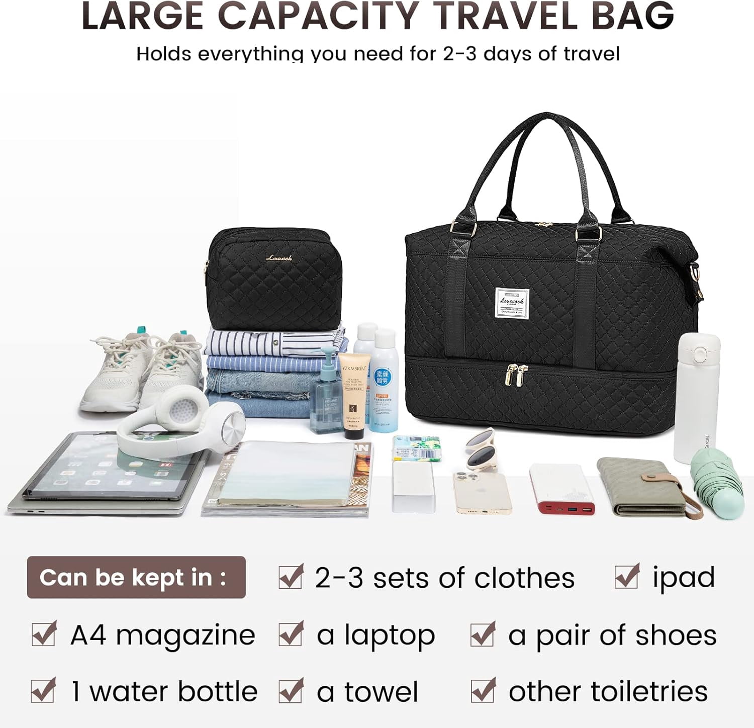 LOVEVOOK Travel Duffle Bag,Weekender Bags for Women with Shoe Compartment，Carry on Overnight Bag with Toiletry Bag,Gym Duffel Bag with Wet Pocket, Hospital Bags for Labor and Delivery