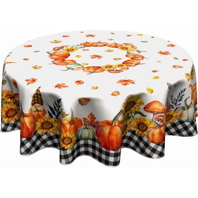 Nappe Citrouille d'Automne Ronde 60 Pouces Tournesol Champignon Saisonnière Décorative Lavable Réutilisable Housse de Table pour Cuisine Salle à Manger Fête