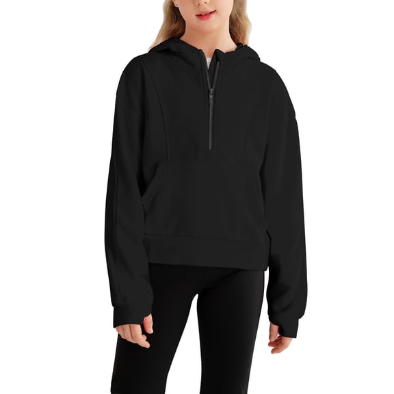 Hotiary 7-14Y Girls Casual Half Ziper Hoodies Long Sleeve Solid Color Pullover Sweatshirts With Thumb Hole