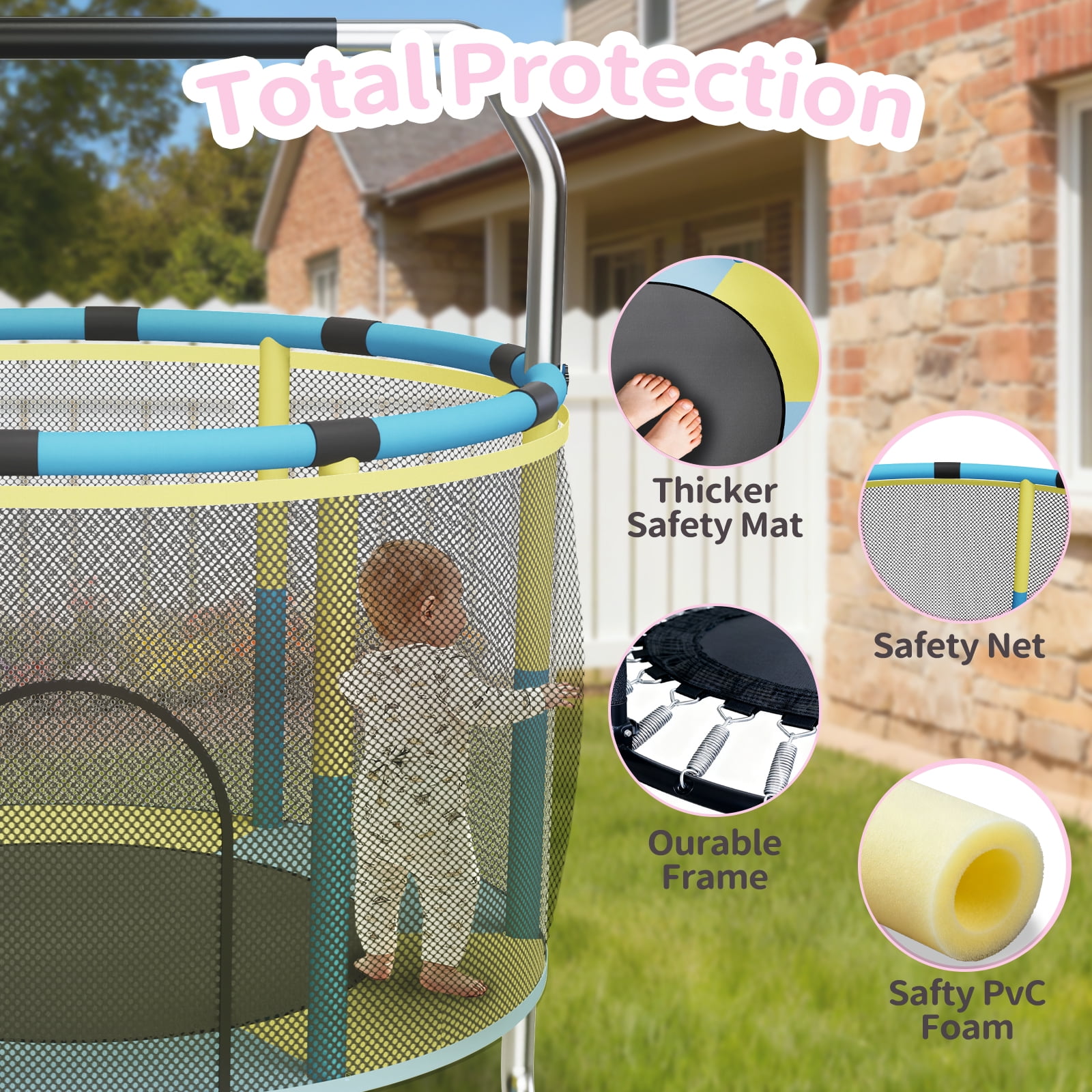 G TALECO GEAR Trampoline for Kids, Toddler Trampoline with Adjustable Gymnastics Bar & Toys, Indoor & Outdoor Round Small Trampoline Gift for Boys & Girls,  400lbs, Yellow & Blue