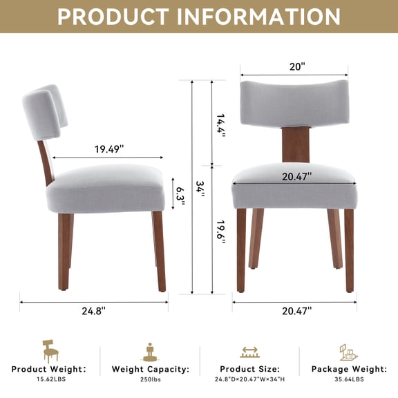 Gearwell Upholstered Dining Chairs, Set of 2 Gray Linen Fabric Side Chairs Accent Chairs with Curved Backrest and Solid Wood Legs for Dining Room Living Room