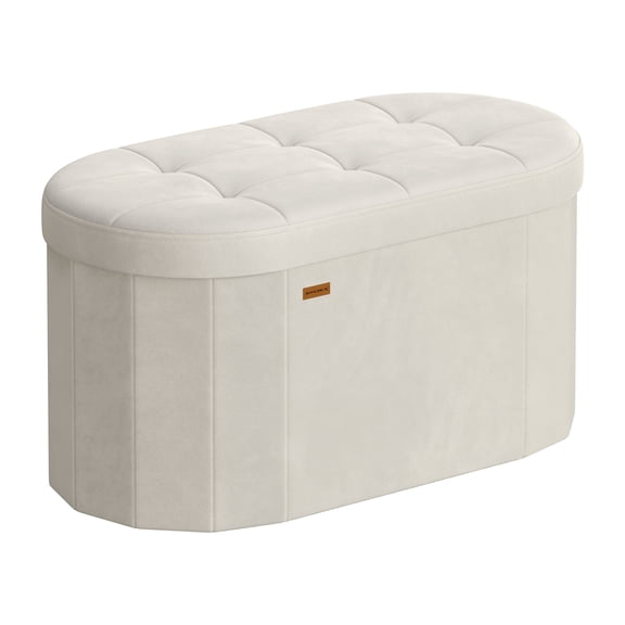 SONGMICS MAZIE Collection - Folding Ottoman with Storage, Oval Storage Ottoman Bench, End of Bed Bench, for Living Room, Bedroom, Velvet Fabric, 15 x 30 x 15 Inches, Cream White